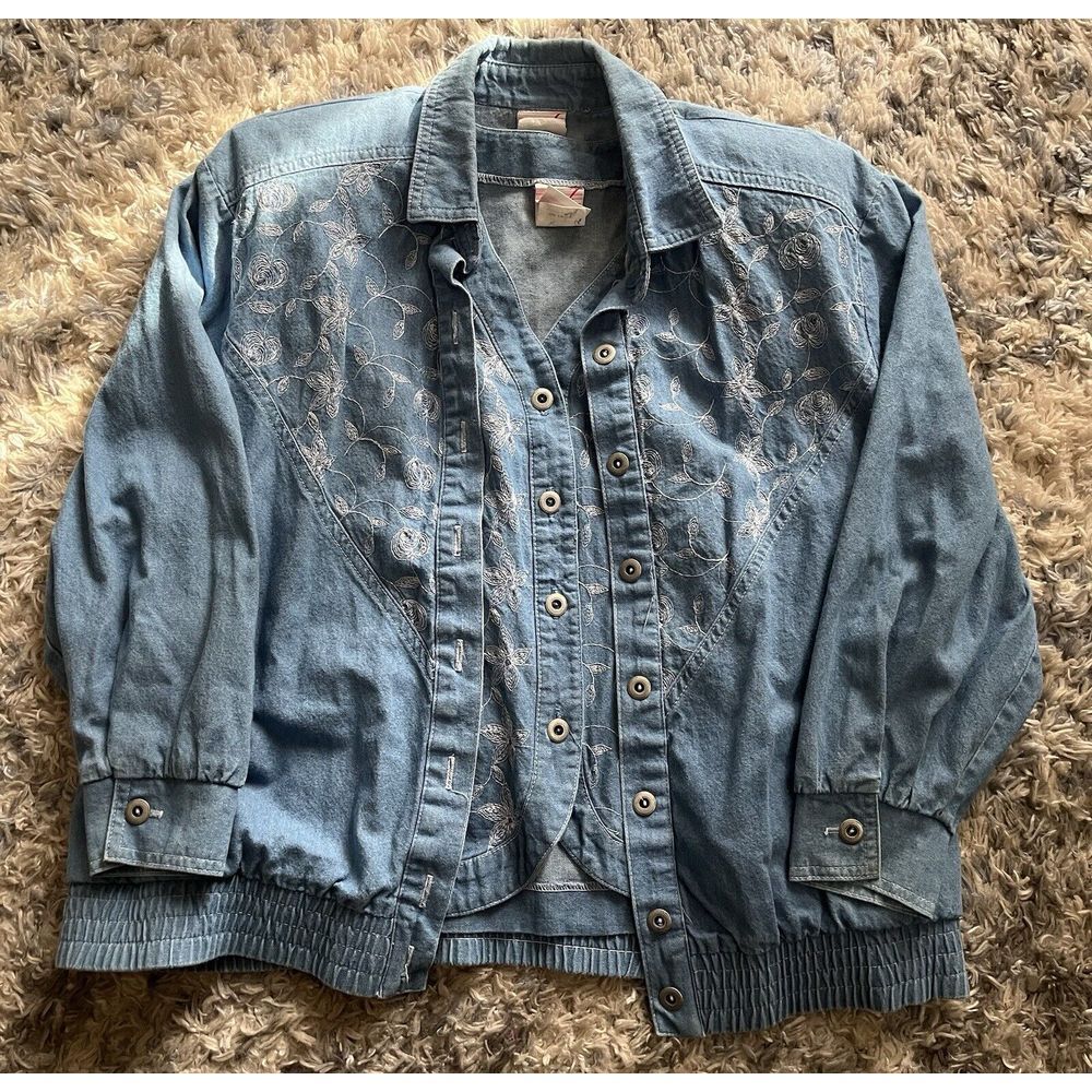G W Graff Vintage Jean Jacket And Jean Vest Combo Sz M Embroidered Floral Vtg